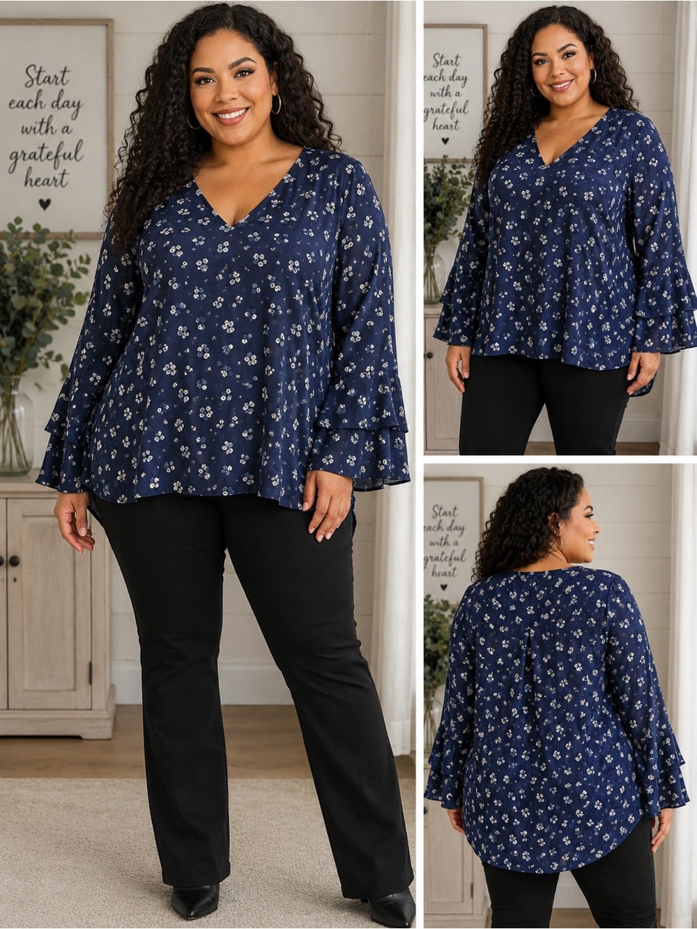 Lane Bryant 26/28 Navy Floral V-Neck Blouse